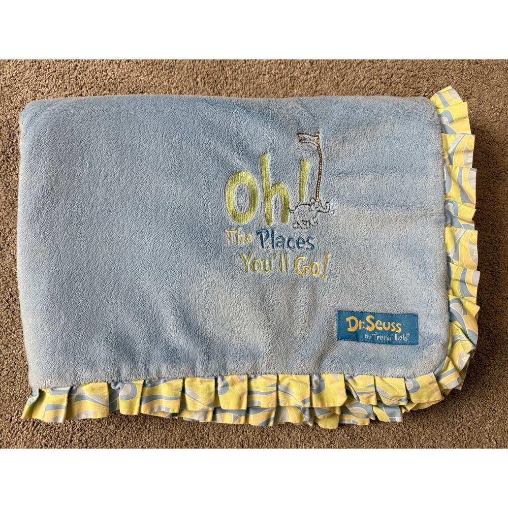 Oh the places You'll go Dr Seuss blue baby blanket - crib - minky - ruffle edge